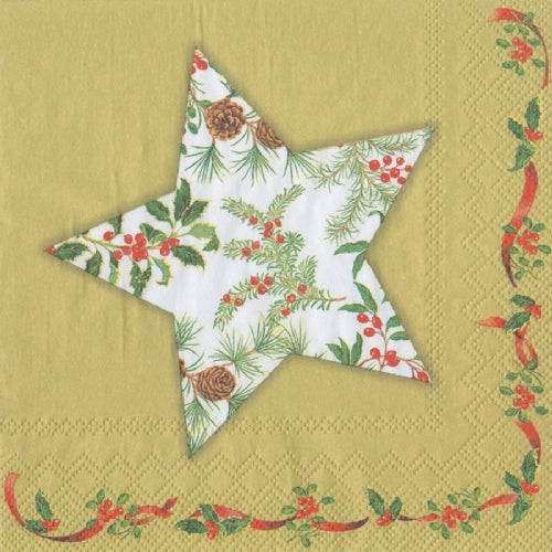 Holly Star Gold Cocktail Napkin - The Country Christmas Loft