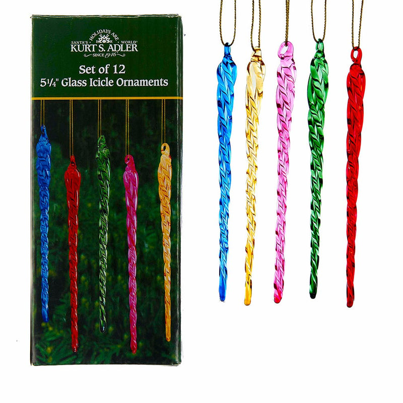 Multicolored Glass Icicle Ornaments - Set Of 12