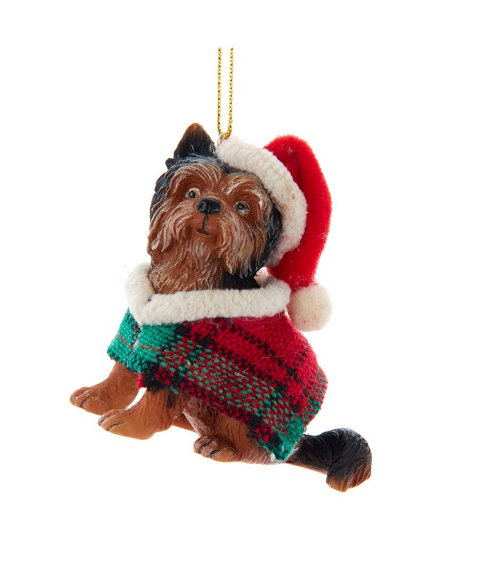 Yorkshire Terrier With Plaid Coat and Santa Hat Ornament - The Country Christmas Loft
