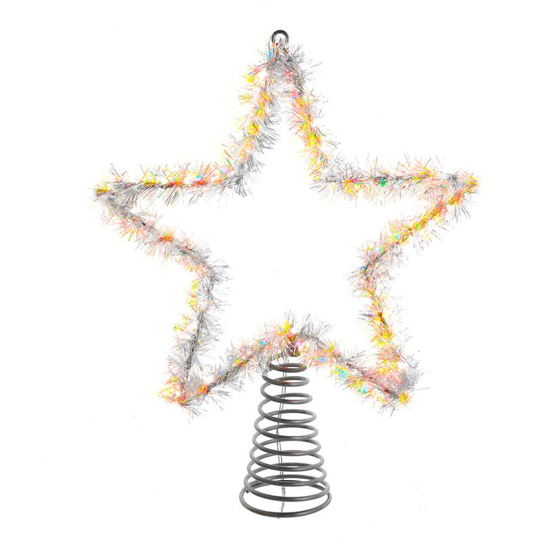 Warm White LED Silver Tinsel Star Treetop - 12 Inch
