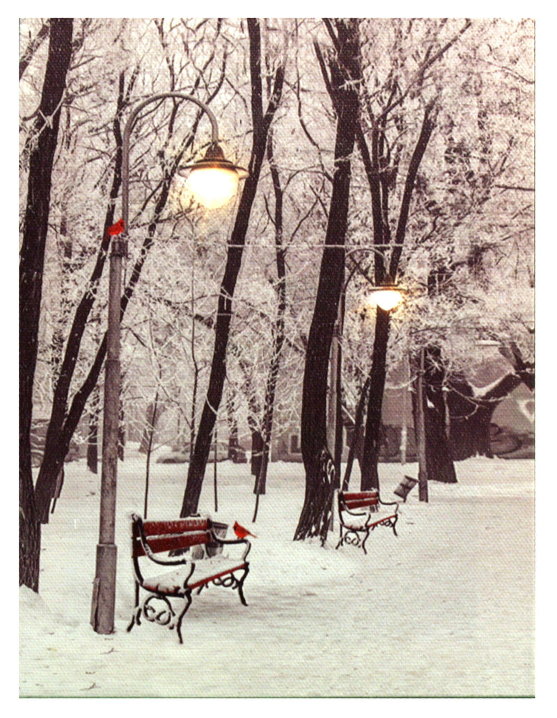 7.8" Lighted Canvas Print - Winter Park Bench - The Country Christmas Loft