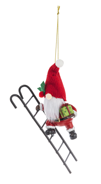 Santa Gnome on Ladder Ornament/Pot Percher - Present - The Country Christmas Loft