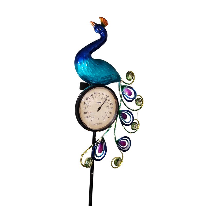 Solar Lighted Metal Peacock Yard Stake with Thermometer