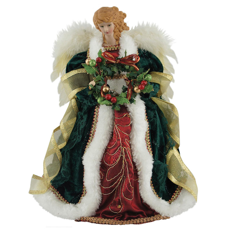 Burgundy and Evergreen Angel with Holly Wreath - 12 inch - The Country Christmas Loft