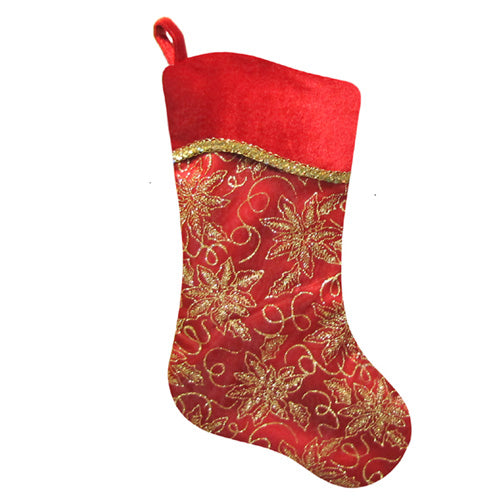 20 Inch Deep Red with Gold Poinsettia Accent Holiday Stocking - The Country Christmas Loft