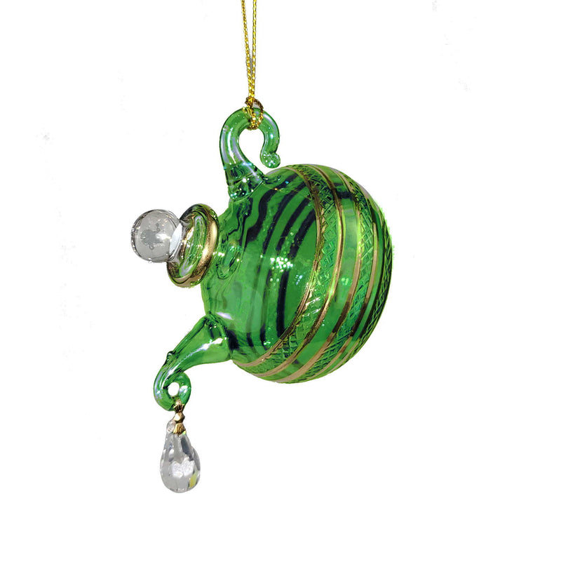 Glass Teapot with Crystal 'droplet' Ornament - Green