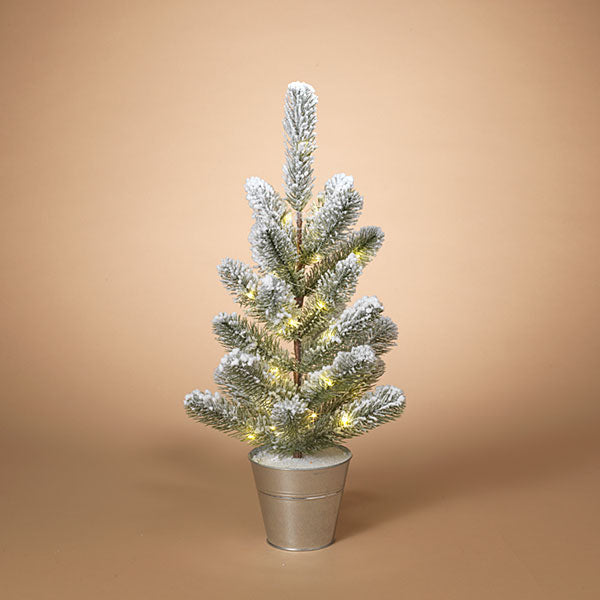 B/O Lighted Flocked Pine Tree in Metal Bucket - The Country Christmas Loft
