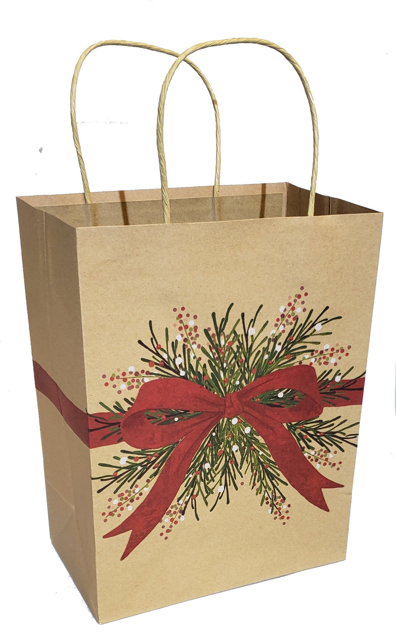 Medium Kraft Gift Bag - Red Bow Pine - The Country Christmas Loft