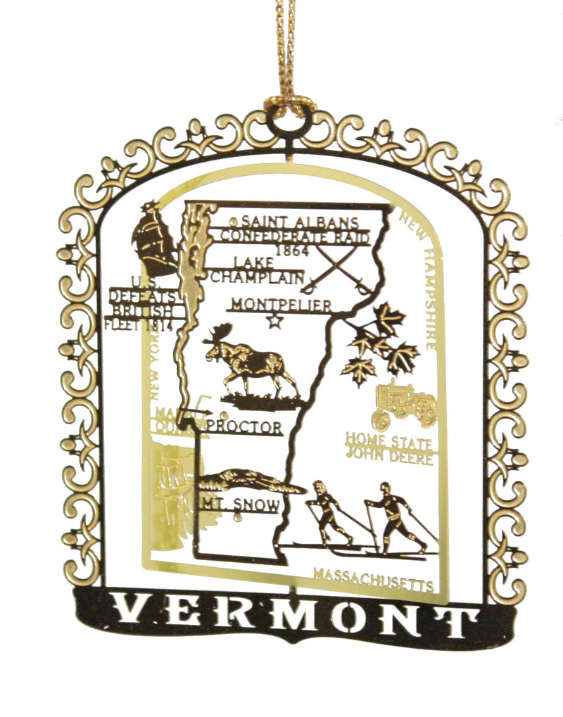 Solid Brass Ornament - Vermont Map and Landmarks - The Country Christmas Loft