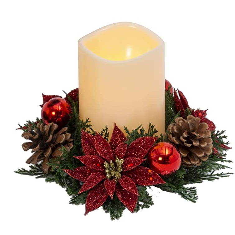 Christmas Candle with Red and Green Candle Ring - Poinsettia - The Country Christmas Loft