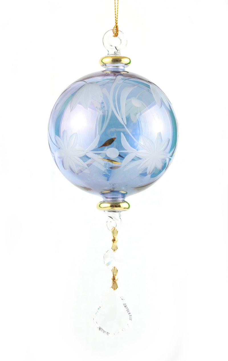 Gold Etched Glass Globe with Dangles - Blue