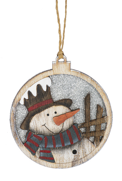 Wooden Circle Glittered Ornament - Snowman at the Fence - The Country Christmas Loft