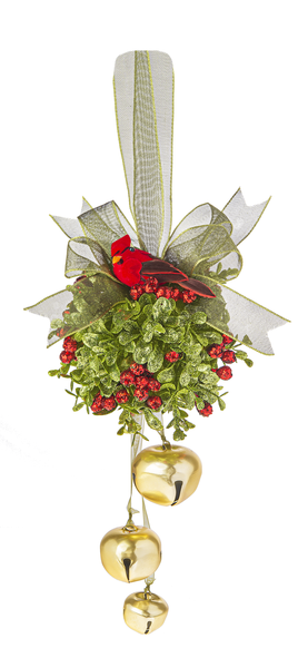 Cardinal Jingle Bell Door Hanger - Kissing Ball - Gold - The Country Christmas Loft