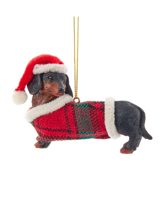 Black and Tan Daschund With Plaid Coat and Santa Hat Ornament - The Country Christmas Loft