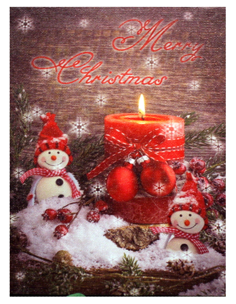 7.8" Lighted Canvas Print - Merry Christmas Snowmen With Red Candles - The Country Christmas Loft