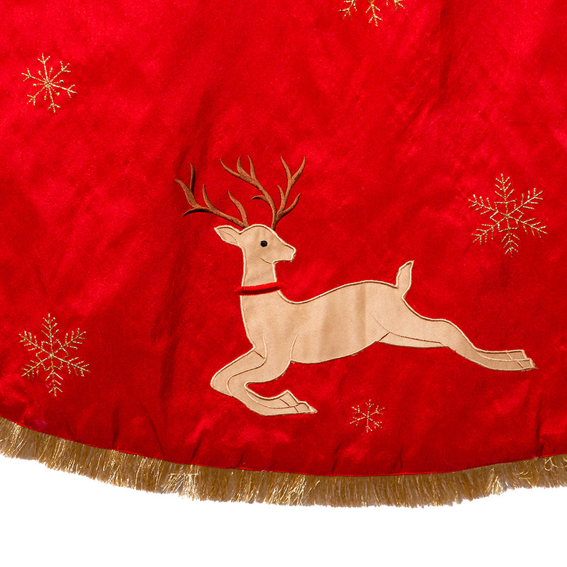 54" Red and Tan Patchwork Reindeer Running Tree Skirt - The Country Christmas Loft
