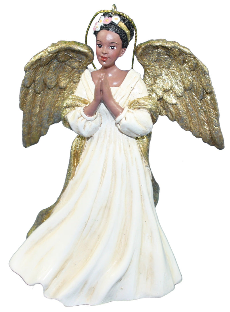 Ivory And Gold African American Angel Ornament - Praying Hands - The Country Christmas Loft