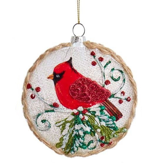 Glass Disc With Cardinal Ornament -  Single with Berries - The Country Christmas Loft