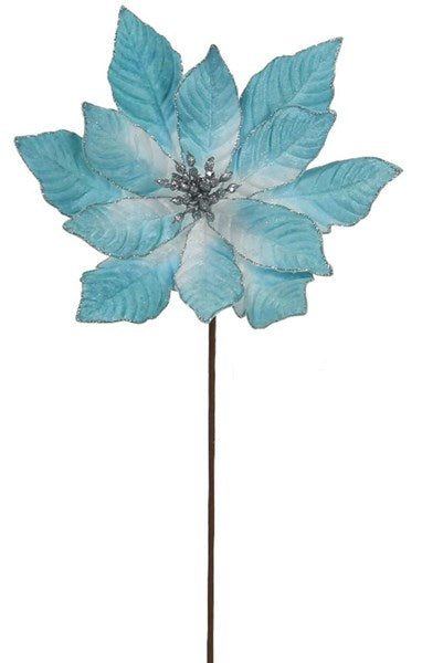 Velvet Poinsettia Stem - Turquoise and Silver - The Country Christmas Loft