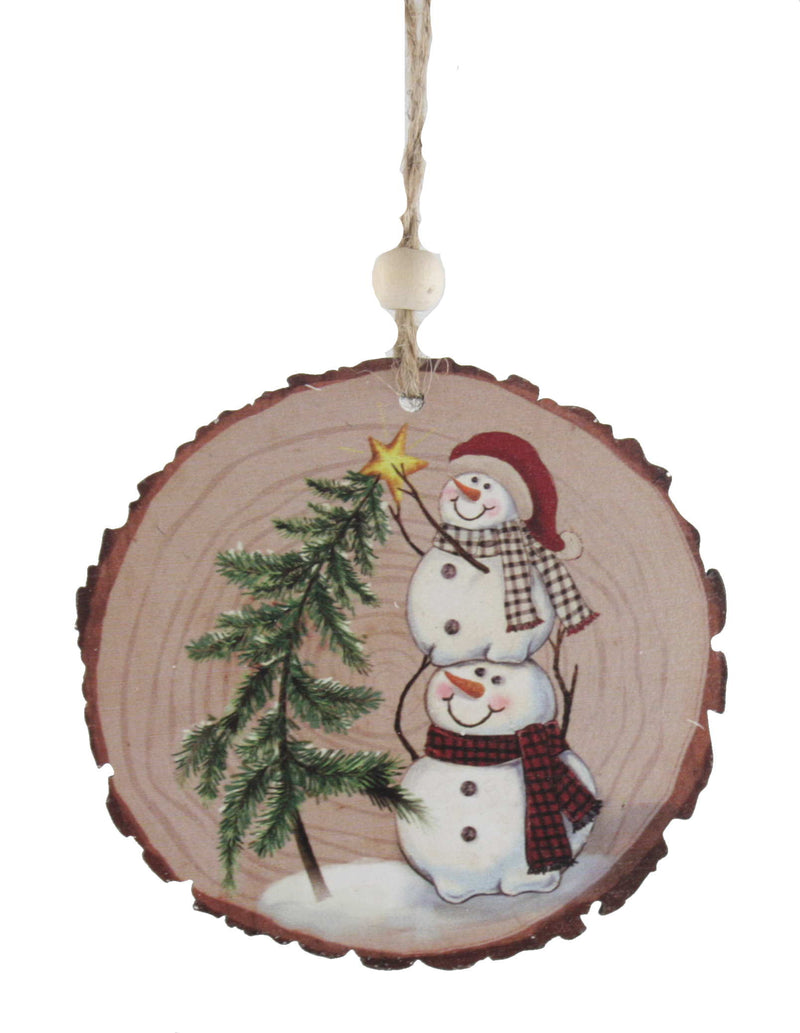 Cut Log Wooden Ornament - Snowmen Putting A Star On The Tree - The Country Christmas Loft