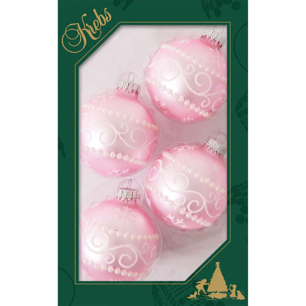Krebs Value Glass Ball 4 pack - Chic Pink with White Scroll - The Country Christmas Loft