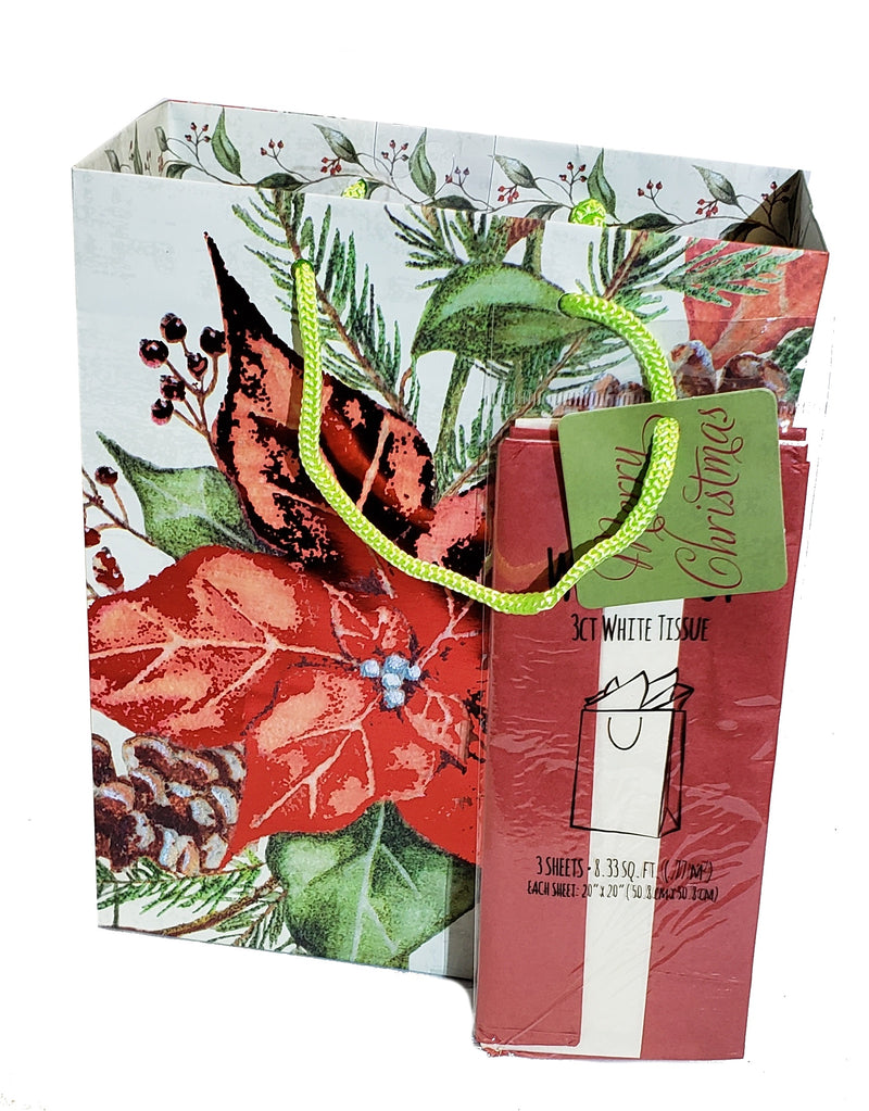 Traditional Gift Bag With Matching Tissue - Medium - Foil Poinsettia - The Country Christmas Loft