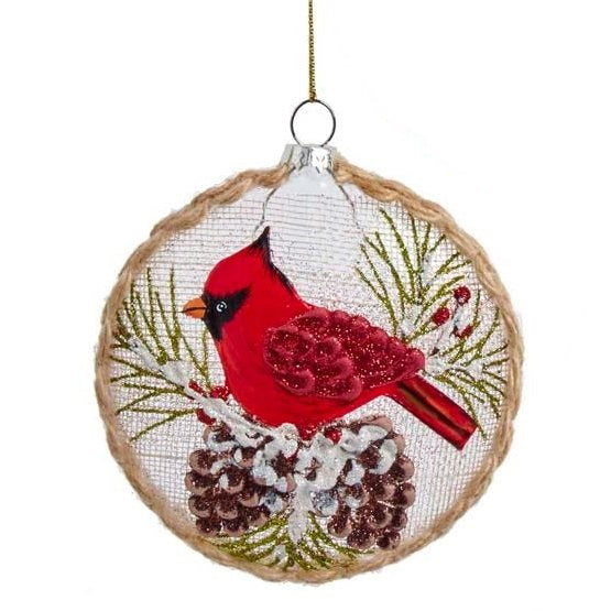 Glass Disc With Cardinal Ornament - Single with Pinecones - The Country Christmas Loft