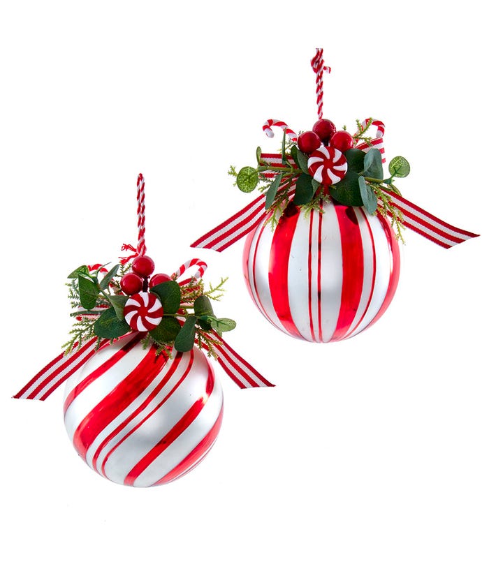 Peppermint Glass Ball With Candy and Greenery Ornament - - The Country Christmas Loft