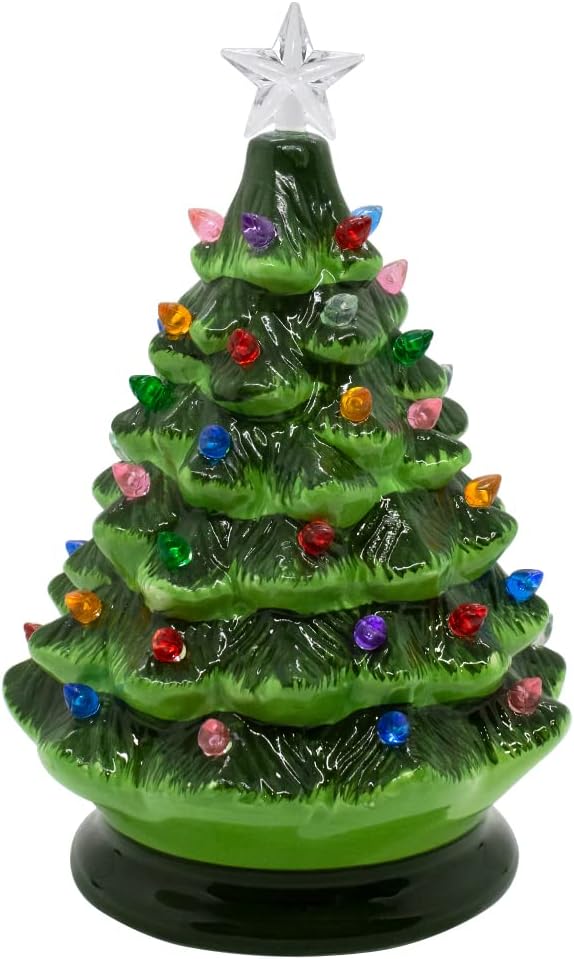 Vintage Green Ceramic Christmas tree - 8 Inch - LED Twinkle