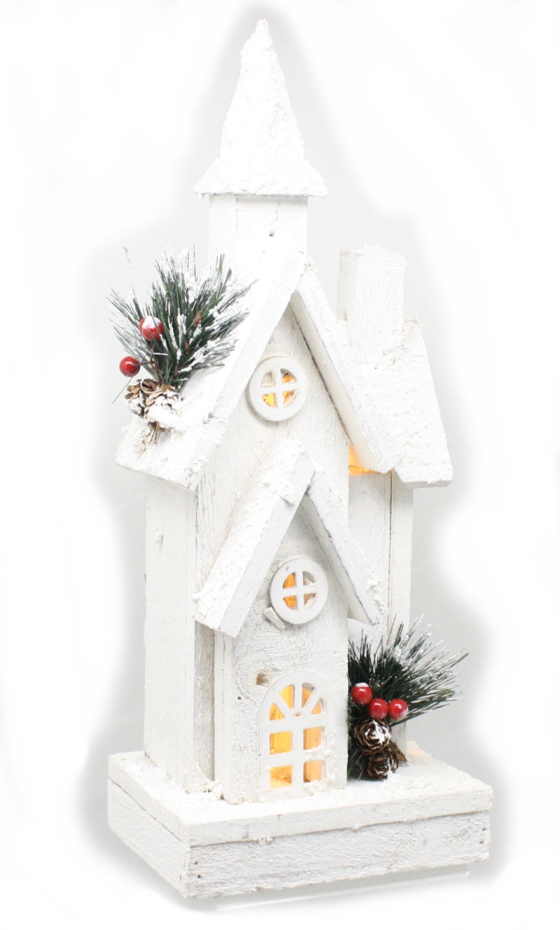 Lighted White Wood Church- 15.5 Inch