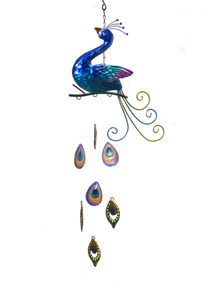 Metal & Fused Glass Peacock Wind Chime - Cobalt - The Country Christmas Loft