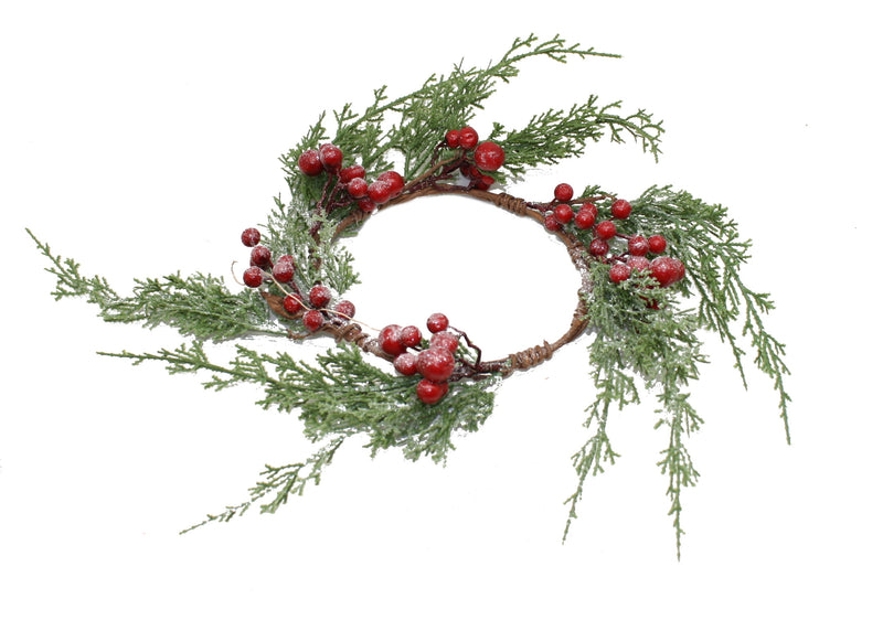 Frosted Faux Cedar Branch Candle Ring with Berries - The Country Christmas Loft