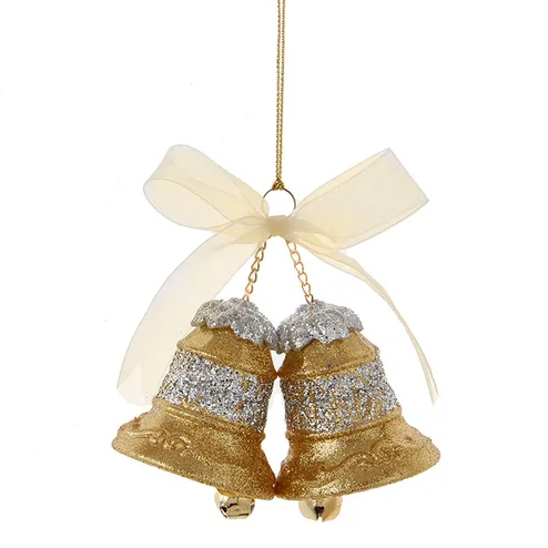 Glittered Bell Ornament - Silver on Gold - The Country Christmas Loft