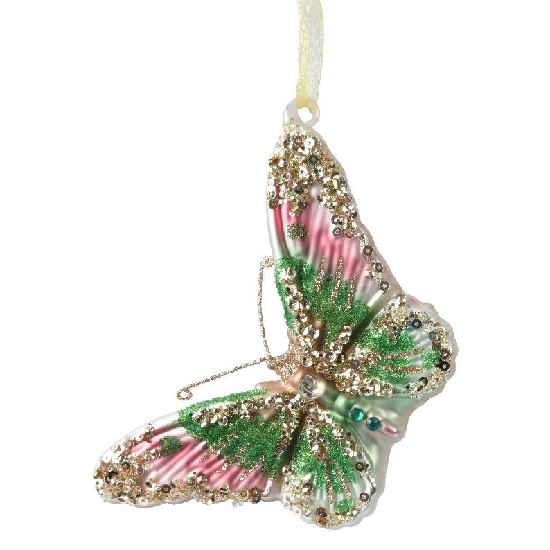 Glass Butterfly Ornament - Pink and Green
