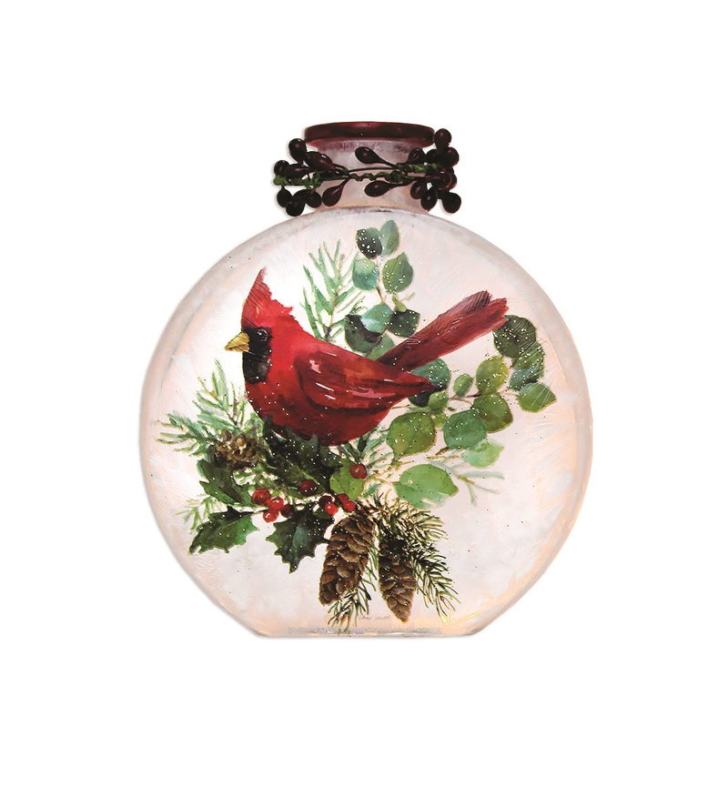 Lighted Glass Vase - Pine Bough - 4.7 inch - Cardinal
