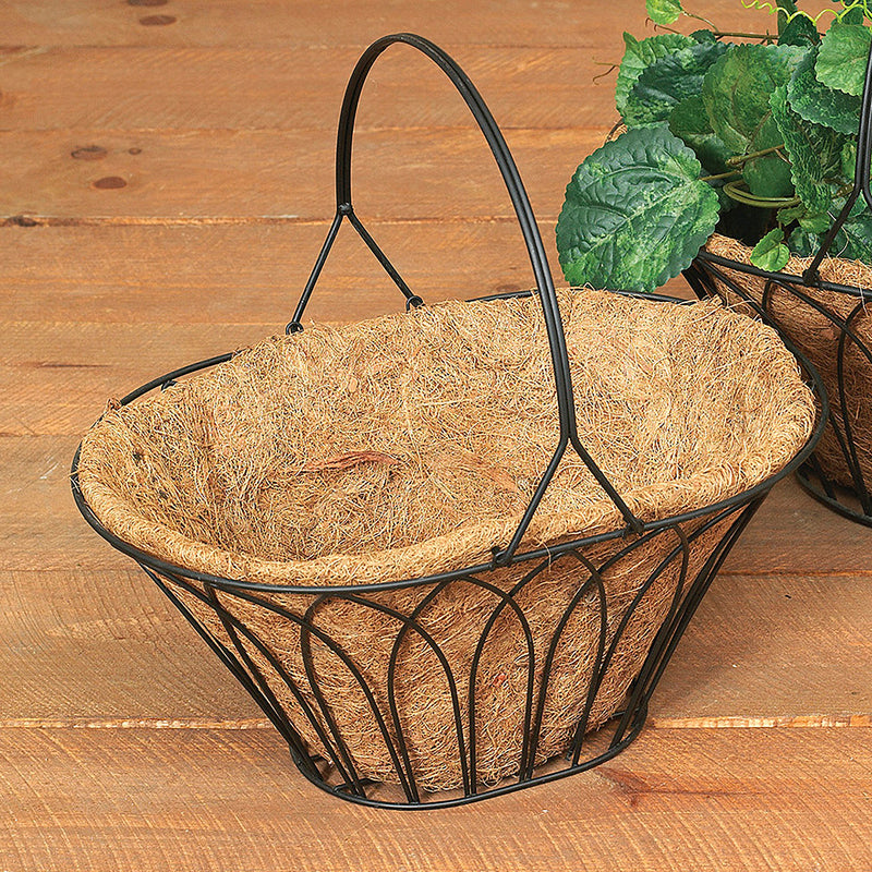 15-Inch Long Oval Black Metal Wire Handle Basket with Coco Mat Liner - The Country Christmas Loft