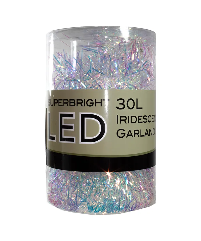 30-Light Multicolor Superbright LED Silver Iridescent Tinsel Garland
