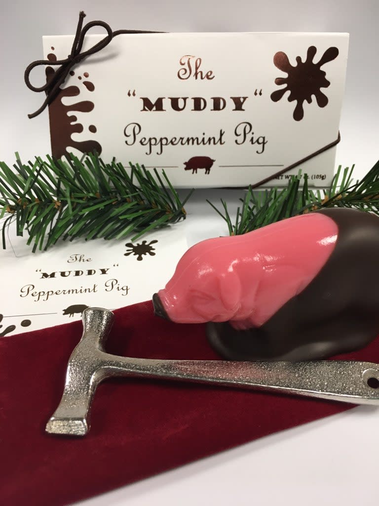 The Famous Peppermint Pig - Tucker the Muddy Pig (3 ounce Pig Covered in Chocolate with Hammer)