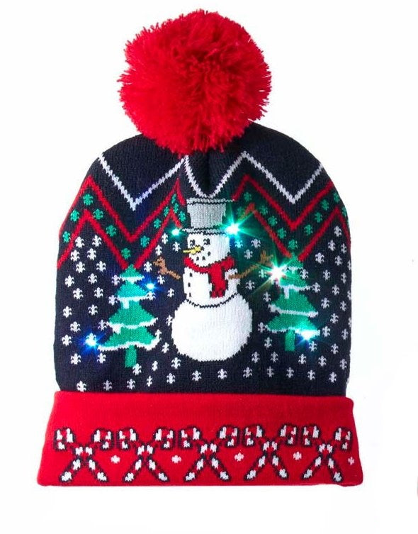 Battery-Operated LED Light-Up Knit Hat - Snowman - The Country Christmas Loft