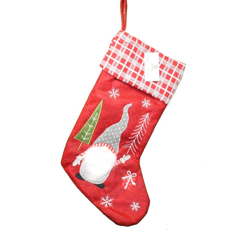 Red Embroidered Gnome Stocking - 18 Inch