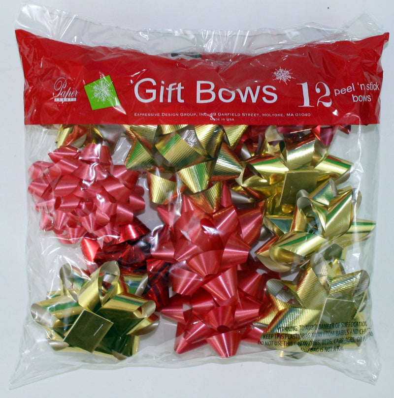 Stick on Bows - 12 Assorted Medium Size - Red/Gold