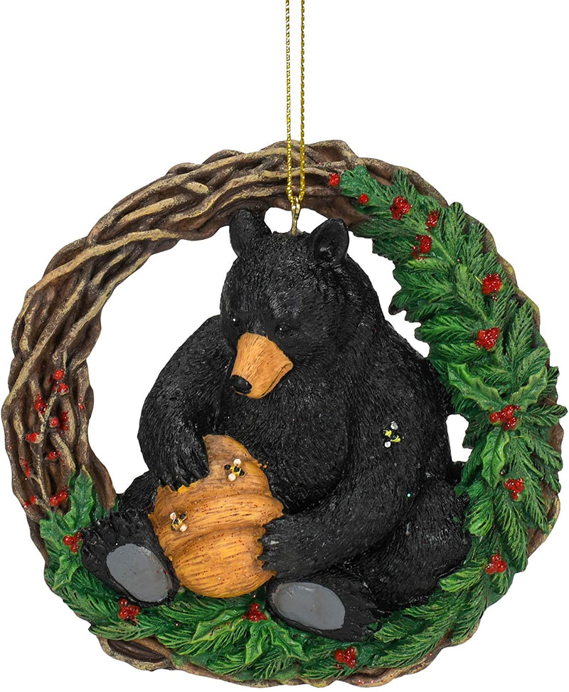 Black Bear with Bee Hive Wreath Ornament - The Country Christmas Loft