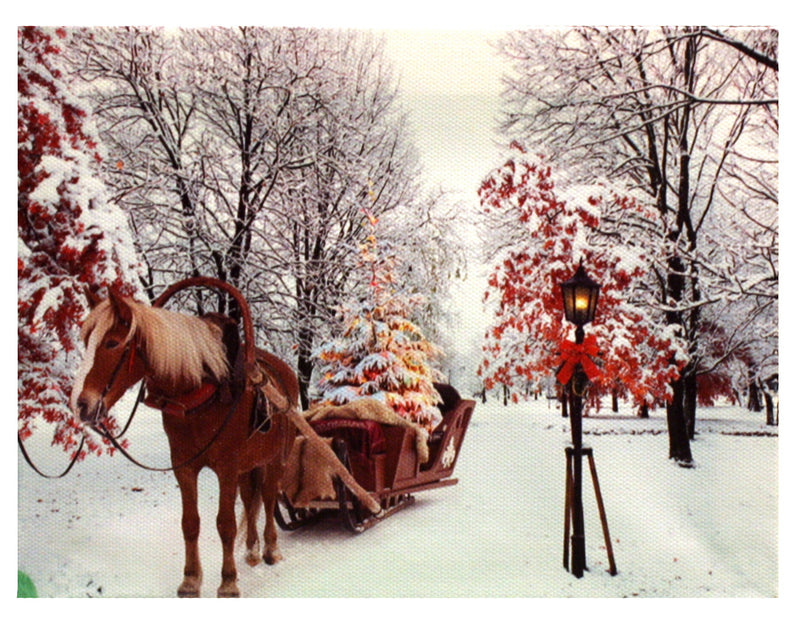 7.8" Lighted Canvas Print - Horse Drawn Carriage With Christmas Tree - The Country Christmas Loft
