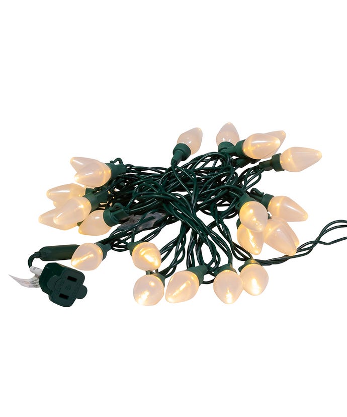 25-Light Warm White Pearl LED C7 Light Set With Green Wire - The Country Christmas Loft