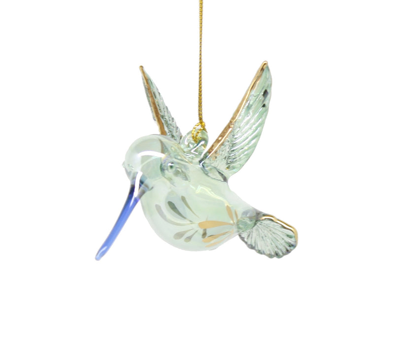 Gold Etched Glass Hummingbird Ornament - Green with Blue Beak