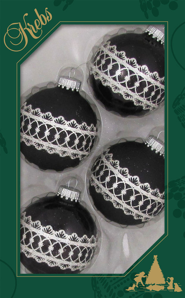 Krebs Value Glass Ball 4  pack - Fancy Band Black and Silver - The Country Christmas Loft