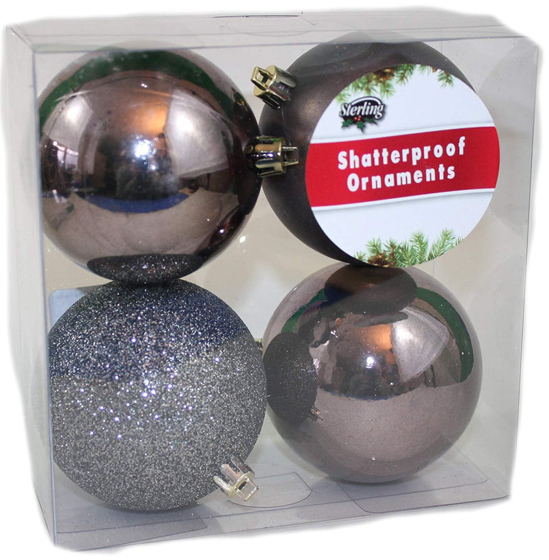 80mm Shatterproof Decorated Ball Ornaments 4 Pack - Charcoal
