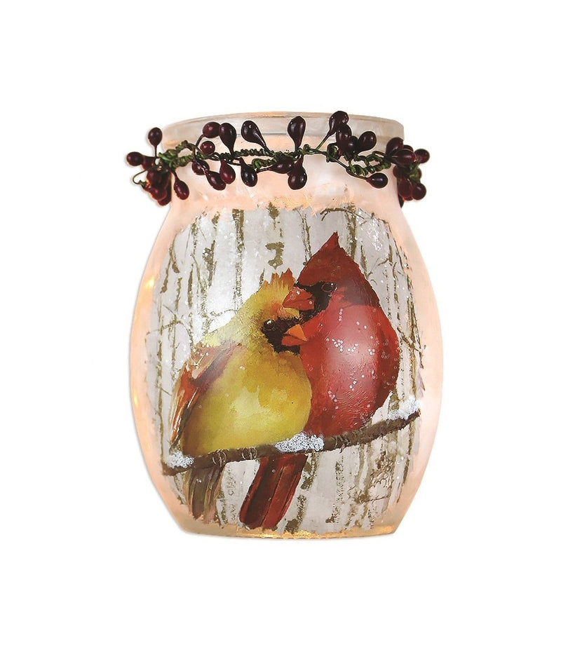 Prelit Glass Jar - Cardinal Couple - 4" tall - The Country Christmas Loft