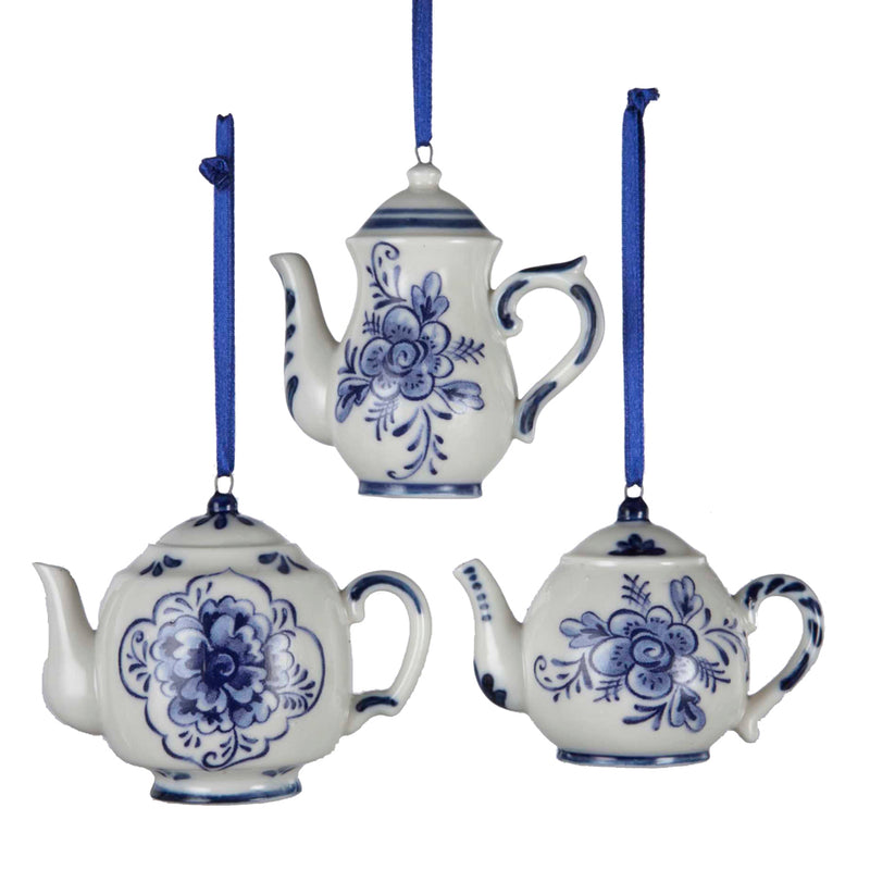 Porcelain Blue Teapot Ornament - Medium - The Country Christmas Loft
