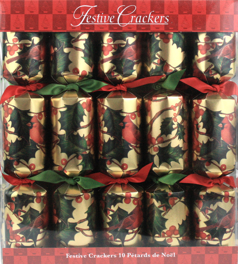 Holly and Cardinal Crackers 11 inch  - 10 Count - The Country Christmas Loft